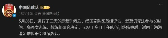武磊返回海港继续恢复 大概率无缘国足18强赛前两场 武磊返回海港继续恢复 大概率无缘国足18强赛前两场
